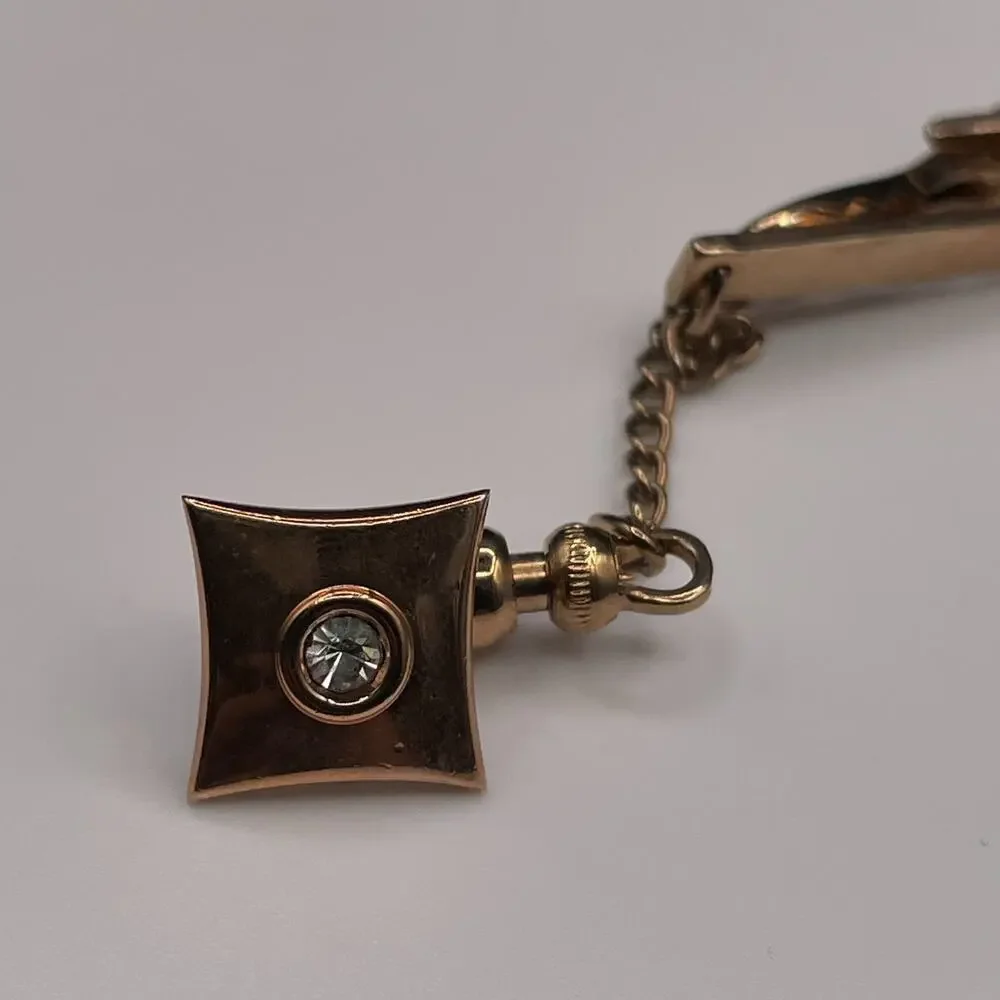 Vintage Gold Tone Dangling Fob Jockey Tie Clip Pin Rhinestone Accent Tie Bar